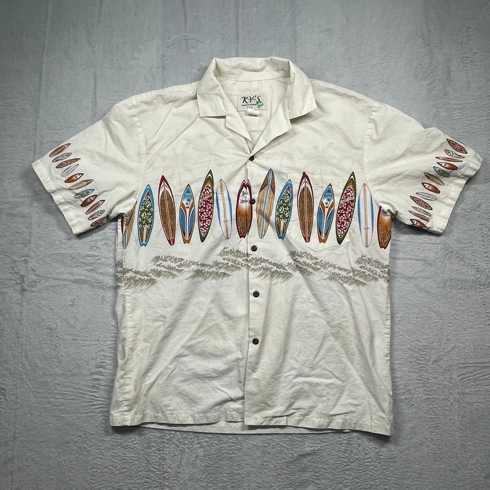 KY'S Hawaiian Button Up Shirt Mens Large Cream Surfboard  Made in Hawaii Cotton